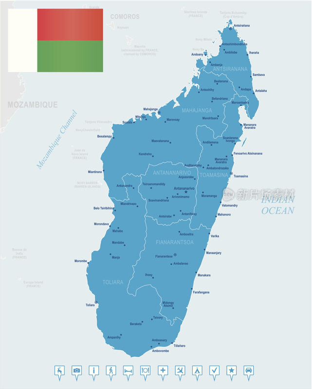 地图马达加斯加-国家，城市，旗帜，导航图标