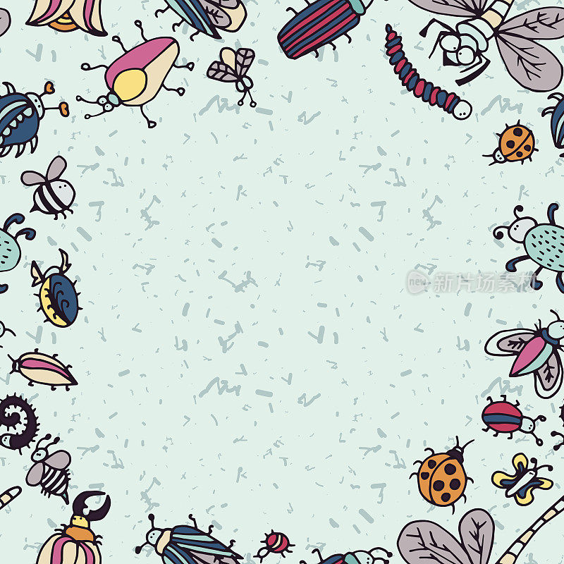 可爱的卡通昆虫边框图案。夏天概念背景。