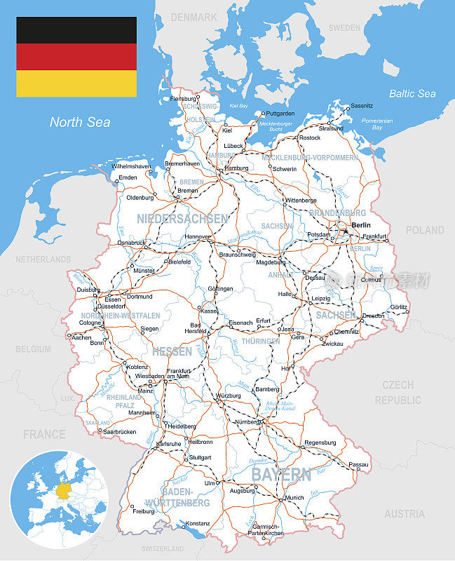 德国地图，国旗，道路-插图