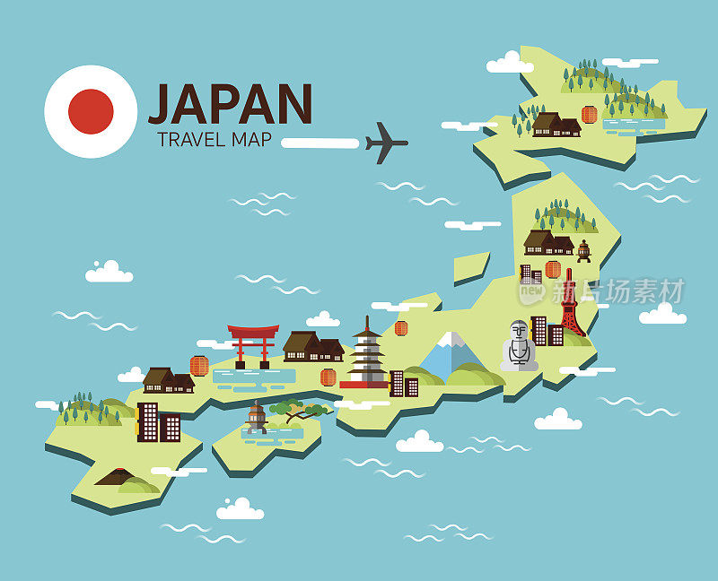 日本地标和旅游地图。