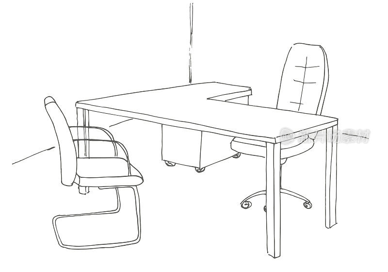 手绘办公桌、办公椅。矢量插图。