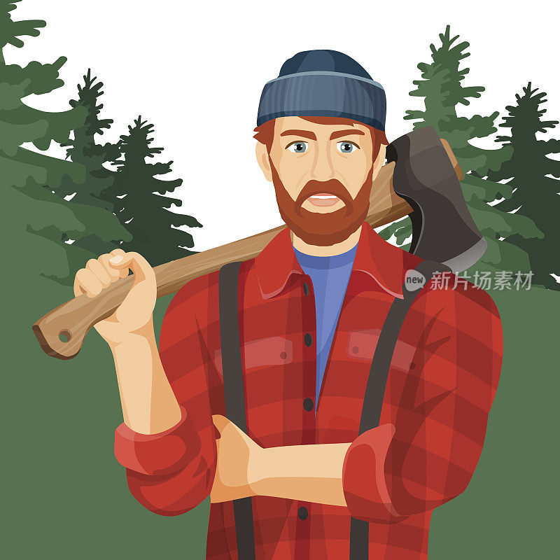 樵夫在森林里拿着斧头。伐木工人与木工元件