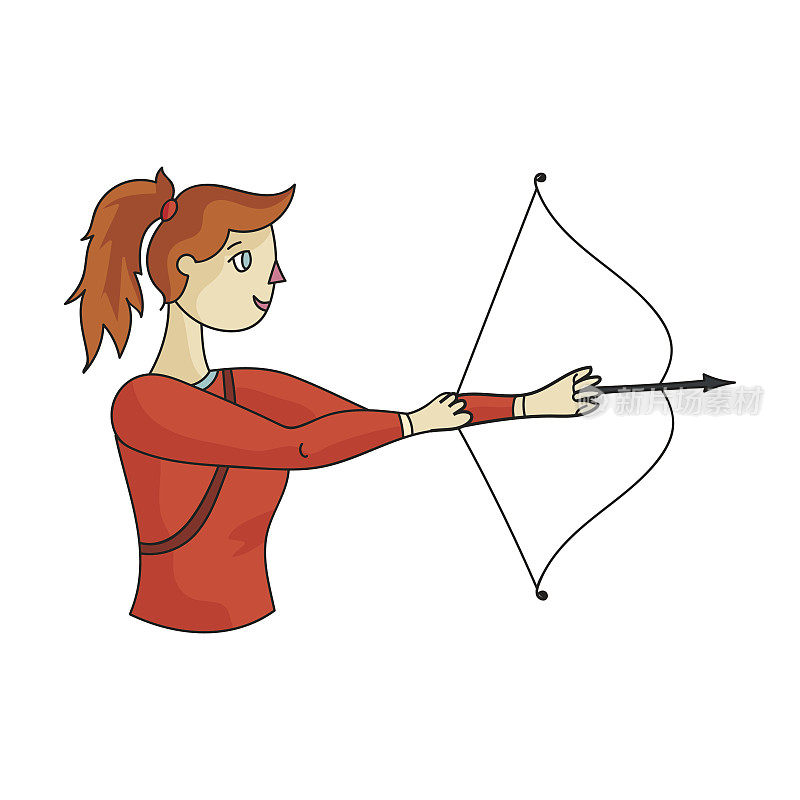 一个女孩侧身站着，拿着弓。向目标射弓奥林匹克运动单图标在卡通风格矢量符号股票插图。
