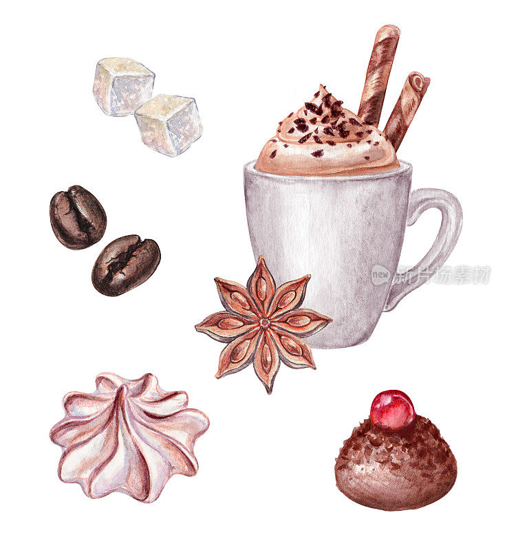 水彩杯咖啡拿铁，卡布奇诺，鲜奶油，咖啡豆，杏仁饼干，松露，蛋白霜，插图孤立在白色背景