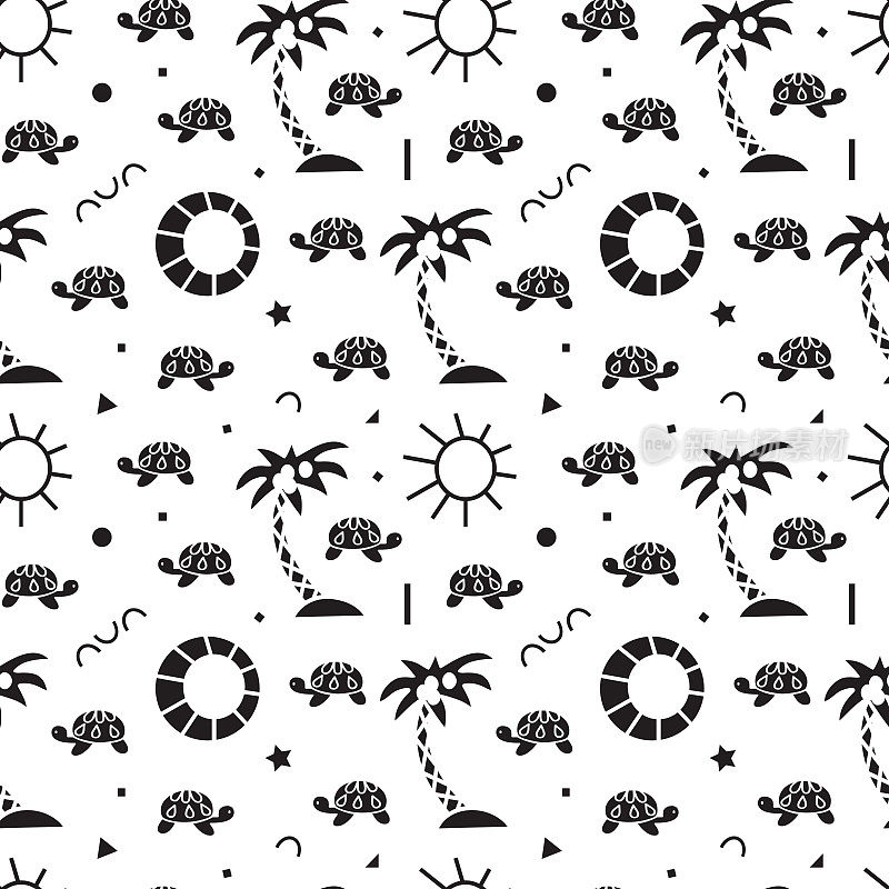 非洲自然的无缝图案有乌龟，棕榈树，太阳和几何形状。矢量暑假背景。热带壁纸。热带地区。黑白背景