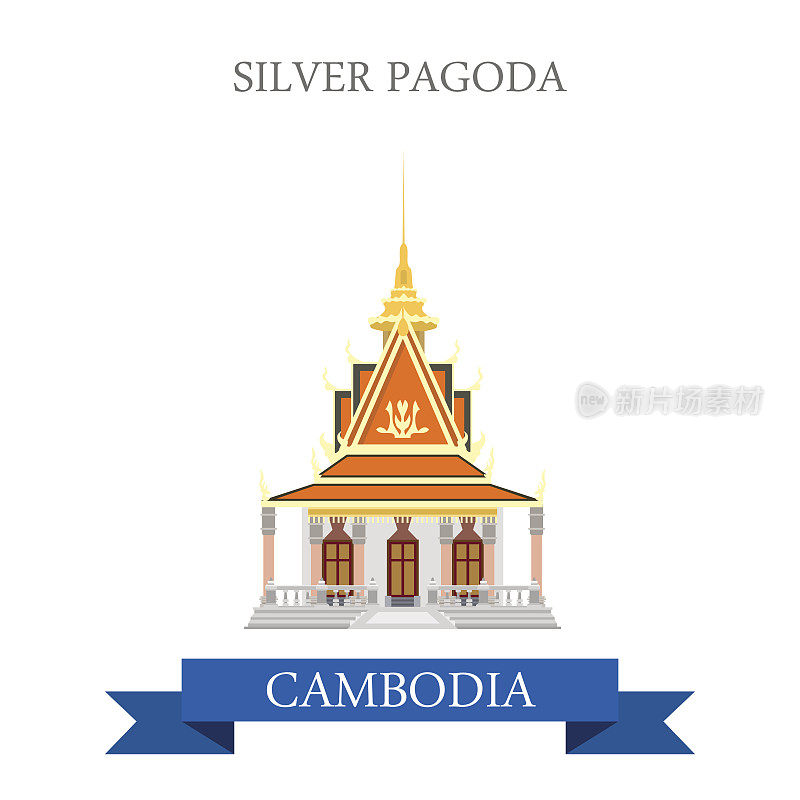 柬埔寨的银塔。平面卡通风格的历史景点展示景点网站矢量插图。世界各国城市度假旅游观光亚洲收藏。