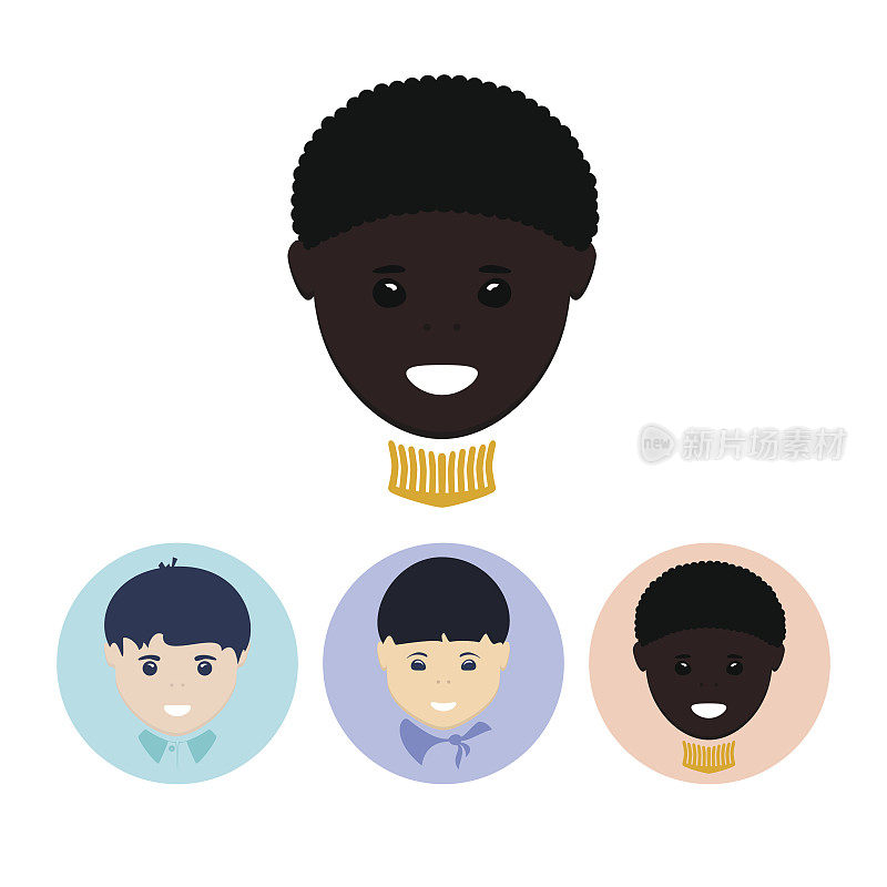 设置图标与欧洲男孩，亚洲男孩，非洲裔美国男孩