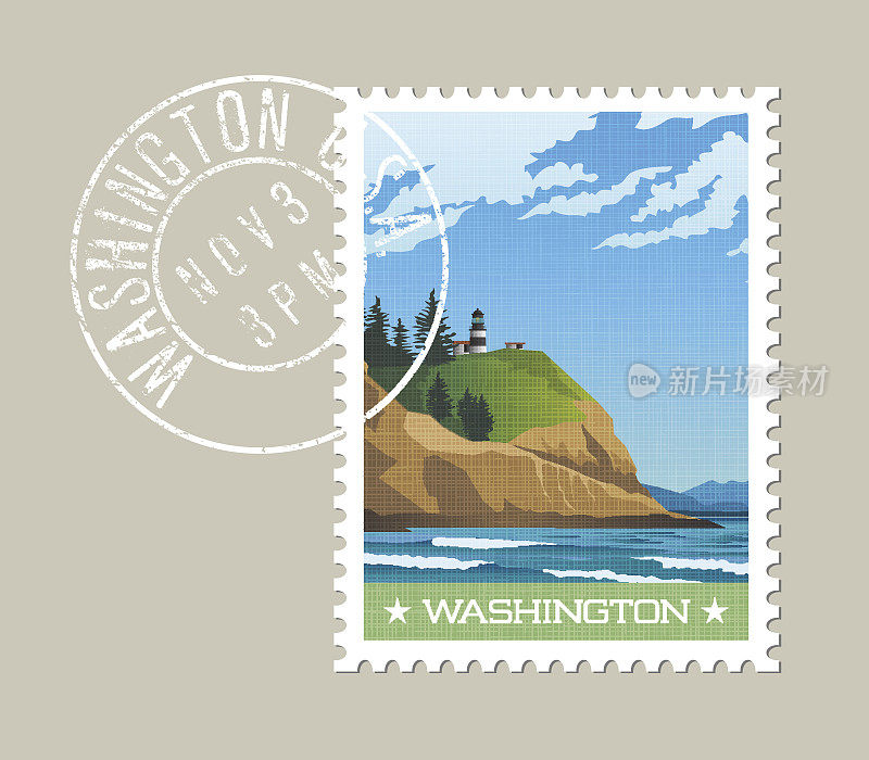 华盛顿州邮票设计。崎岖的海岸线和灯塔的矢量插图。失望角州立公园。在另一层上印上Grunge邮戳。