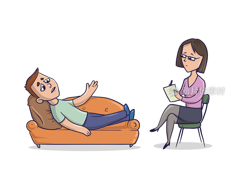 心理医生或心理治疗师接待的那个年轻人。一个男人躺在沙发上谈论问题。医生坐在椅子上做笔记。矢量插图,孤立。