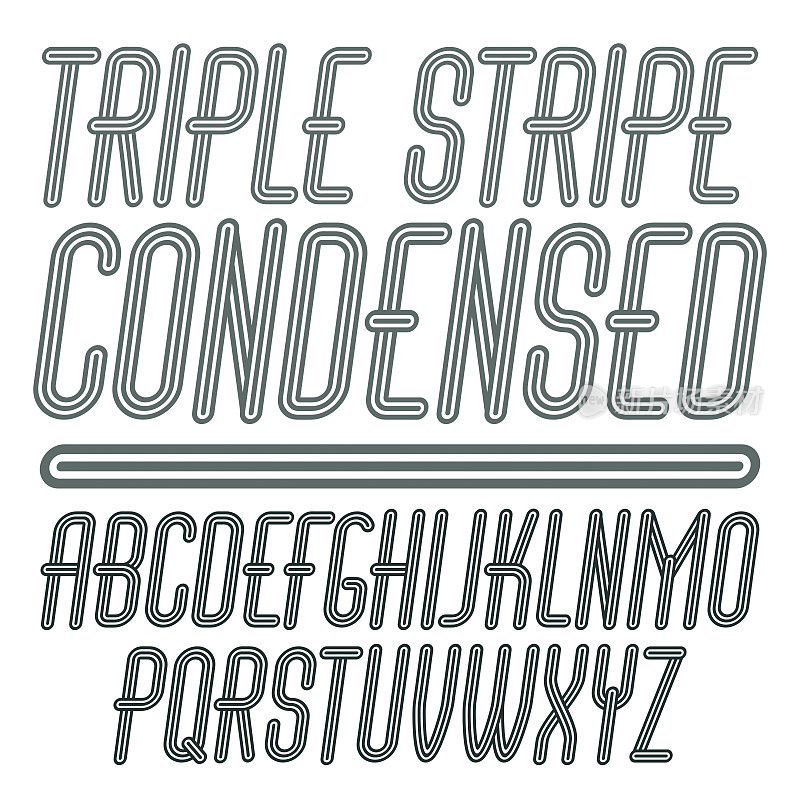 向量大写现代字母集。时髦的斜体浓缩字体，从头到尾都可以用于艺术海报创作。由几何平行线构成。