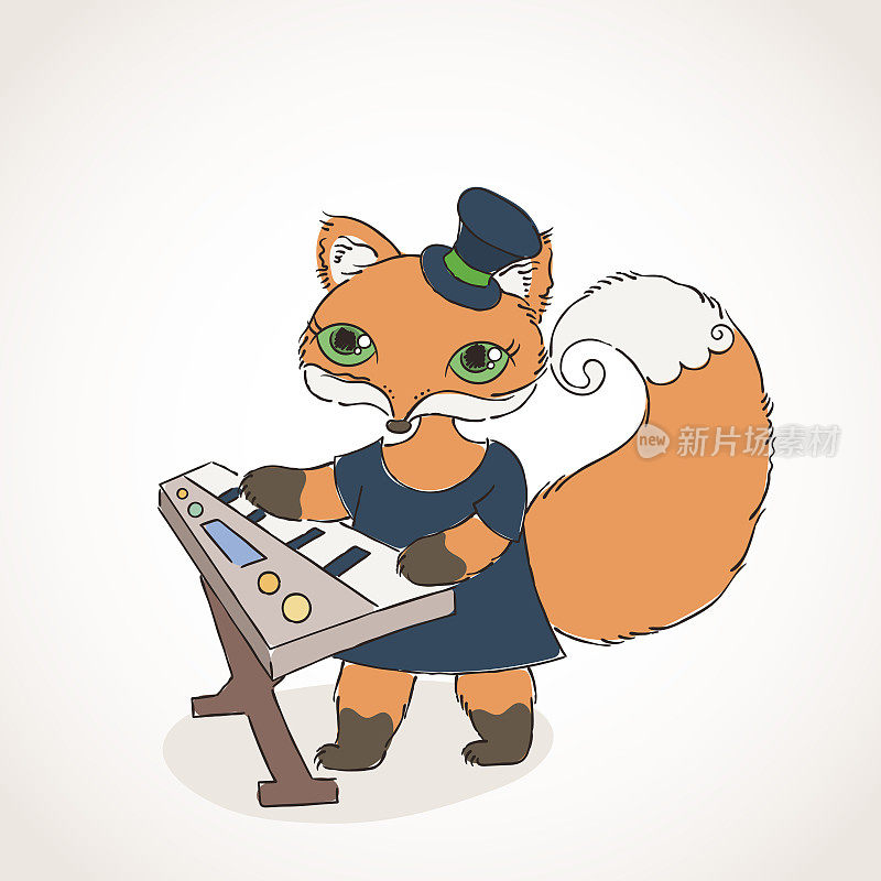 哥特式狐狸音乐家与合成器。音乐涂鸦的动物。
