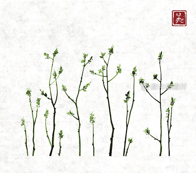 以宣纸为背景的新鲜绿叶树枝。传统的东方水墨画粟娥、月仙、围棋。包含象形文字-美丽。