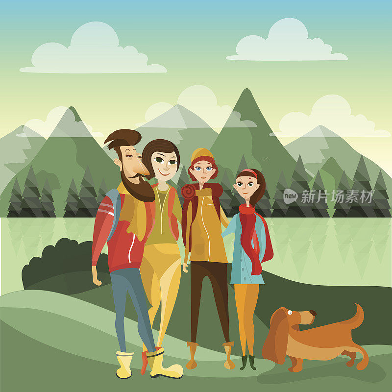 家庭远足在山的概念矢量海报在平的风格。卡通人物角色。家庭户外活动