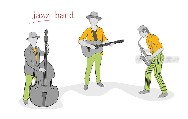 用不同乐器演奏的爵士乐队。为设计和信息图手绘卡通矢量插图。