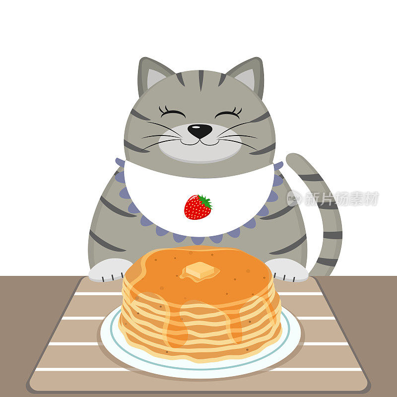围嘴里的一只灰色肥猫也坐在桌子旁吃煎饼。