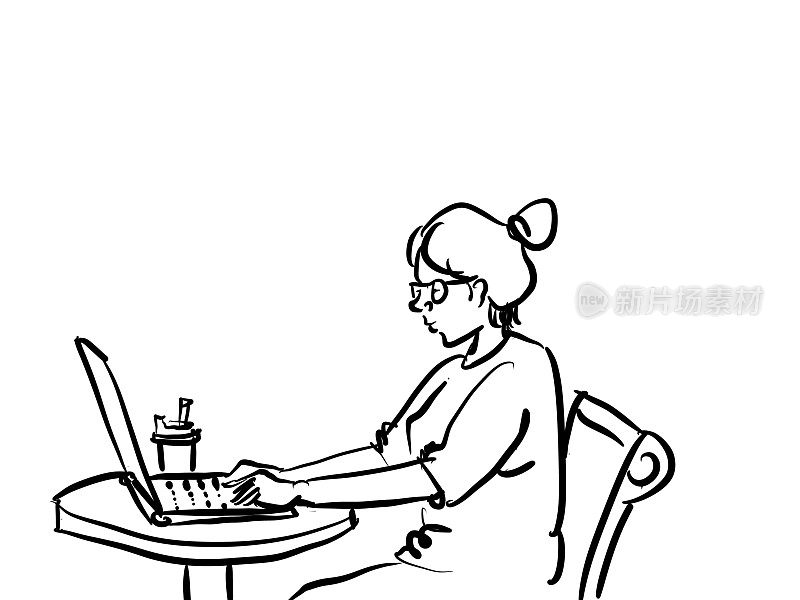 女孩在咖啡馆用笔记本电脑写字