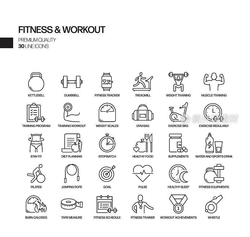 健身和锻炼相关的矢量线图标的简单设置。大纲符号集合