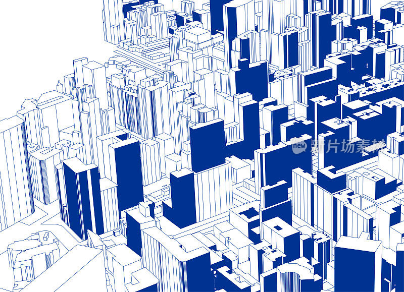 蓝色素描风格俯瞰现代城市建筑海报