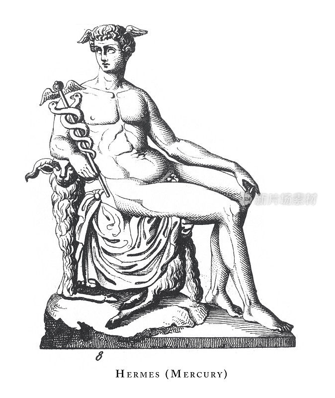 赫尔墨斯(墨丘利)，阿波罗，祭祀火星;其他神话人物雕刻古董插图，1851年出版