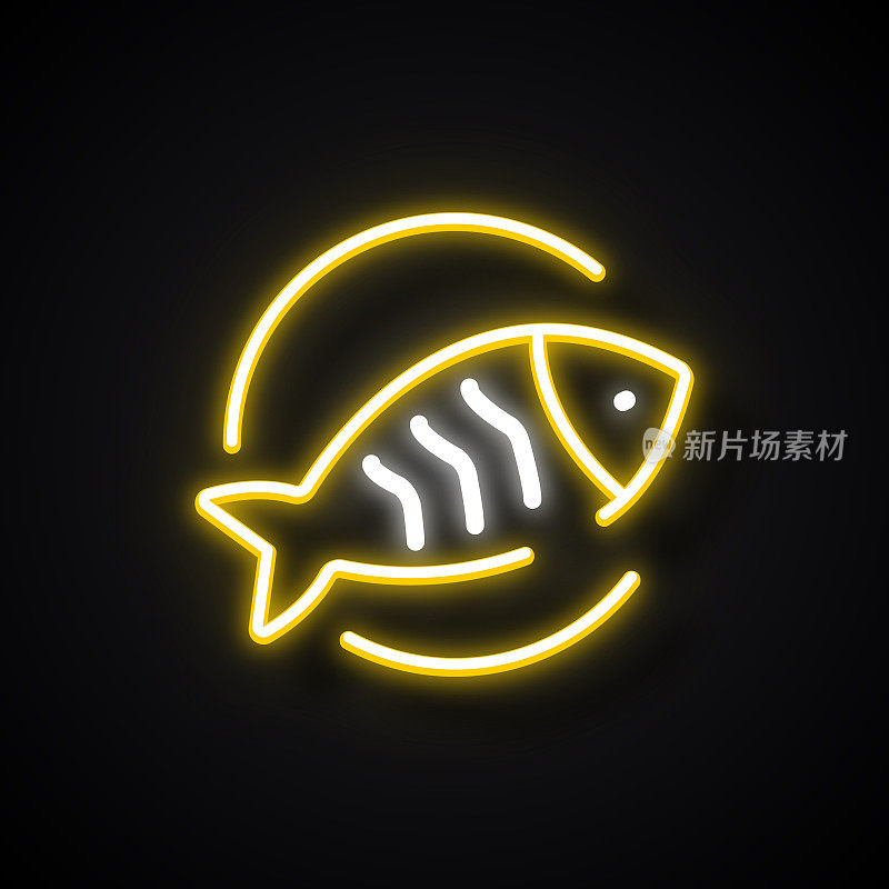 发光的霓虹效果鱼图标。大纲符号集合
