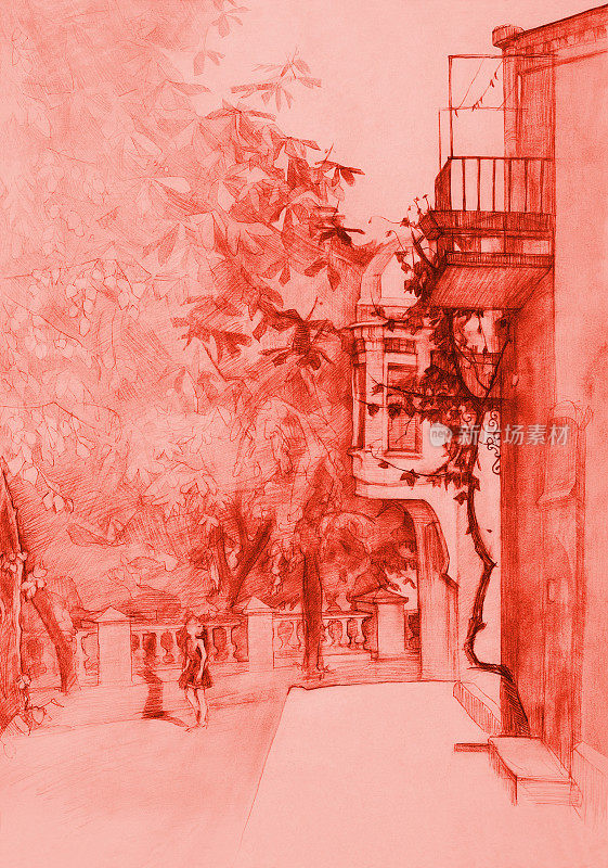 时尚的夏季插图，艺术寓言作品，象征性的垂直城市景观与古代和现代建筑炎热的中午，一个女孩穿着轻装走在一条栗子大道上，对着红色闷热的天空
