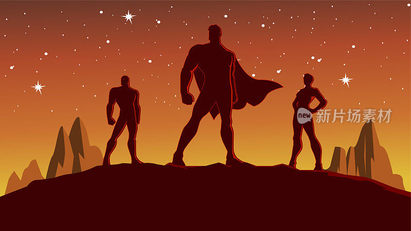向量超级英雄团队剪影在夜间存货插图
