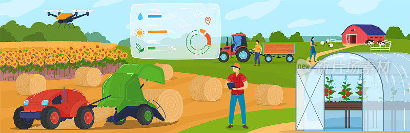 智能养殖，农业农业技术及控制系统，物联网卡通矢量插画。