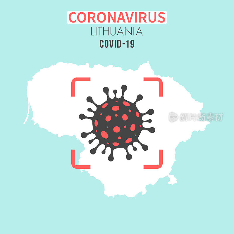 立陶宛地图，红色取景器中有冠状病毒细胞(COVID-19)