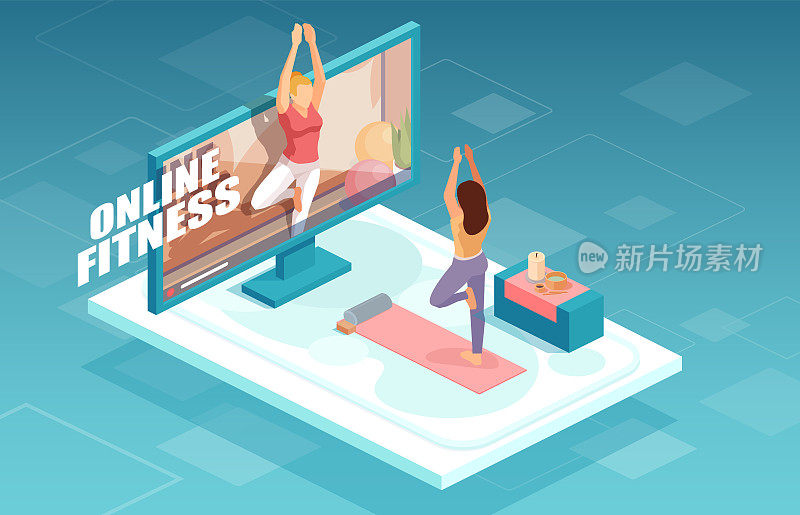 在线健身和培训理念。矢量的一个健康的女人一起练习瑜伽健身教练在电视屏幕上。