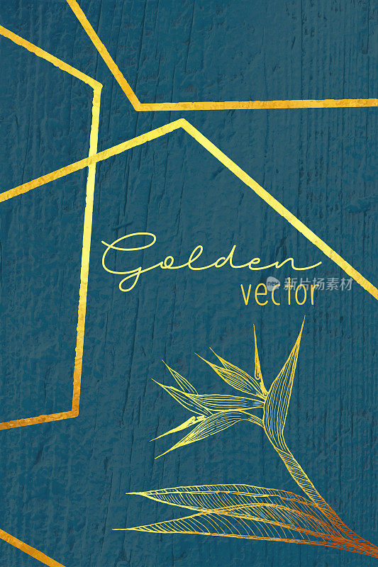 黄金热带花与黄金线，抽象的背景。金色闪亮的Grunge纹理。金属金色纹理设计元素贺卡和标签，抽象背景。