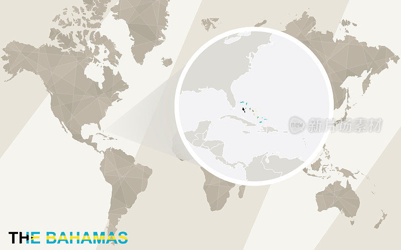 放大巴哈马地图和旗帜。世界地图。