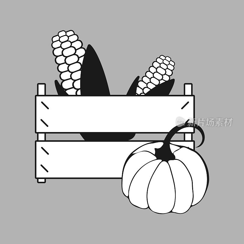 农民木盒子的图标，可爱的玉米，南瓜的形象。农贸市场的果蔬产品。