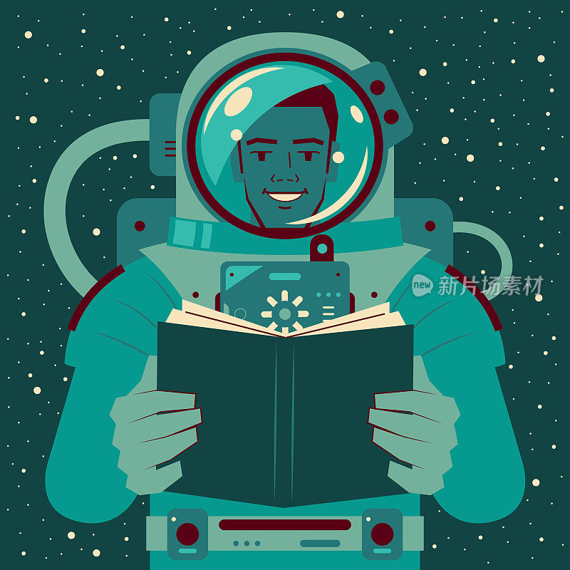 微笑帅气的非裔美国宇航员(宇航员)在外太空看书;永远不要停止学习;投资自己;知识就是力量;阅读带你离开这个世界