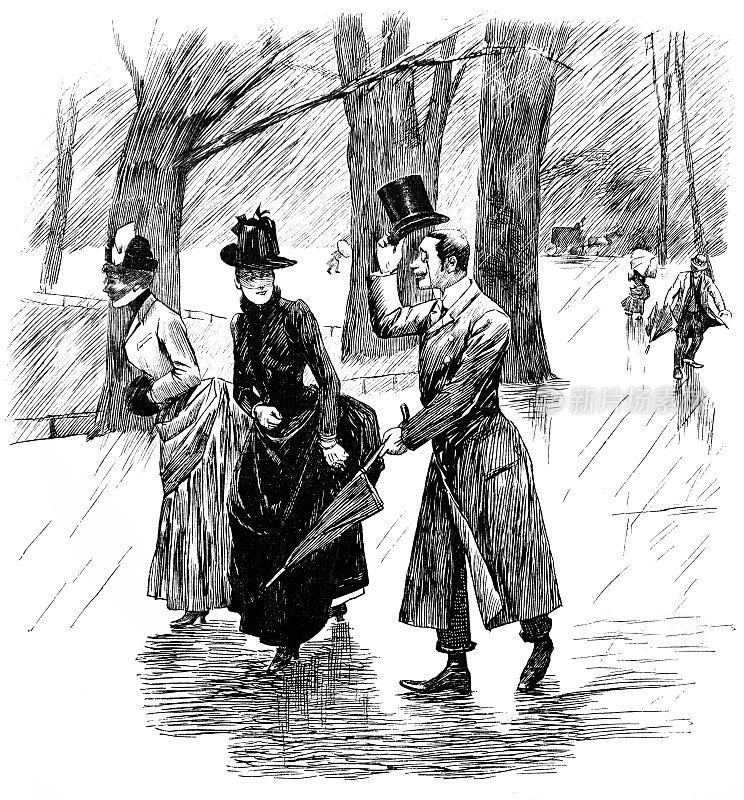 男人欢迎在雨中散步的女人
