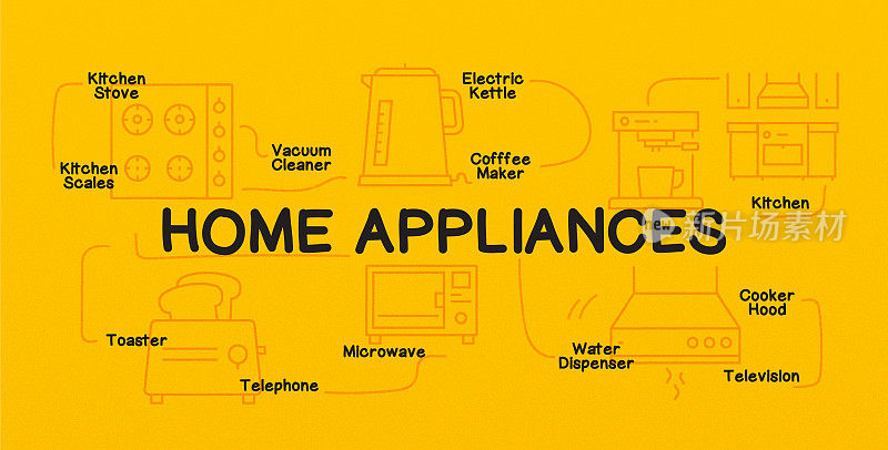 家用电器相关的现代线条风格矢量插图