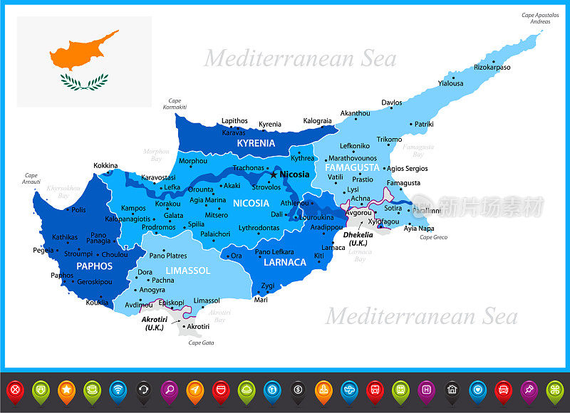 带有国旗的塞浦路斯地图。矢量蓝色插图与地区和首都城市