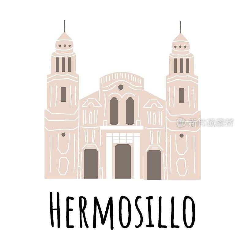 手绘神庙圣母升天大教堂-埃莫西约，索诺拉，墨西哥。矢量插图孤立在白色背景。