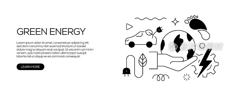 绿色能源相关网站横幅线条风格。现代线性设计矢量插图的网站横幅,网站标题等。