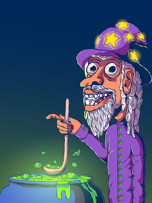 手绘卡通有趣的插图-巫师酿造药水。