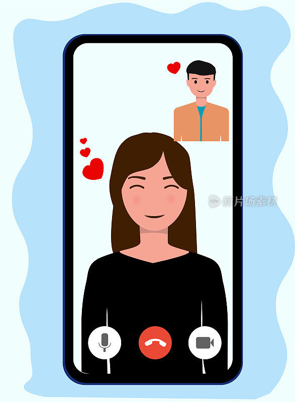 视频通话的概念。情侣们可以用智能手机进行视频通话。爱在隔离。用智能手机进行视频通话。人们和小玩意。平面风格的插图。爱的距离。