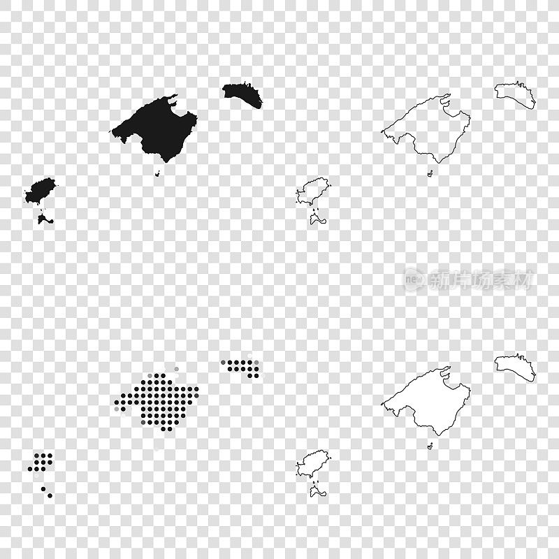 巴利阿里群岛地图设计-黑色，轮廓，马赛克和白色