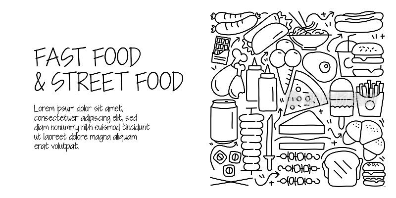 快餐相关的涂鸦插图。现代设计矢量插图的网页横幅，网站标题等。