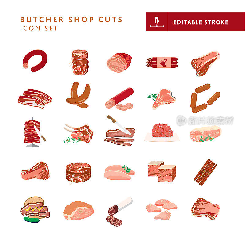 肉店的肉切，猪肉，鸡肉，牛肉，鹿肉羊切和烟熏肉图标设置在白色的背景