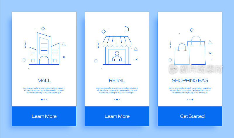 带有平面图标的移动应用页面屏幕上的购物和零售概念。用户体验，用户界面设计模板矢量插图