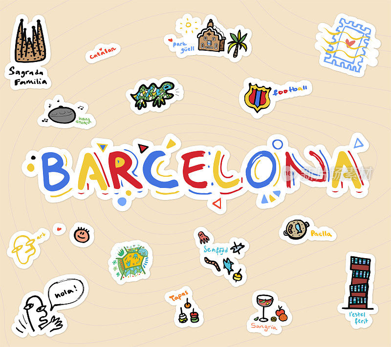 手绘“巴塞罗那”涂鸦贴纸包-巴塞罗那旅游指南涂鸦