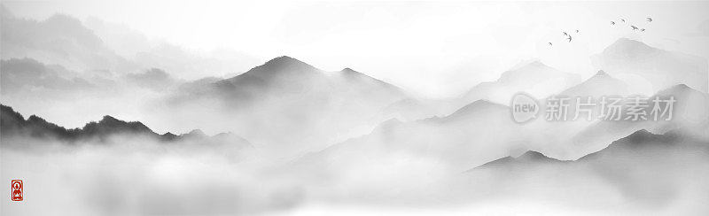 云雾缭绕，山坡平缓，空中鸟群成群。传统的东方水墨画粟娥、月仙、围棋。