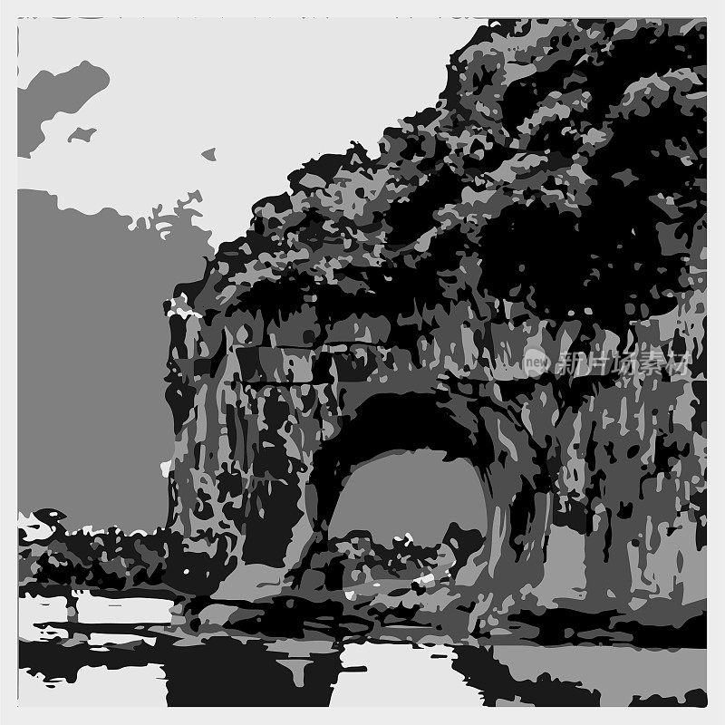 矢量单色雕刻风格大象树干山景观插图背景，桂林市-广西，中国