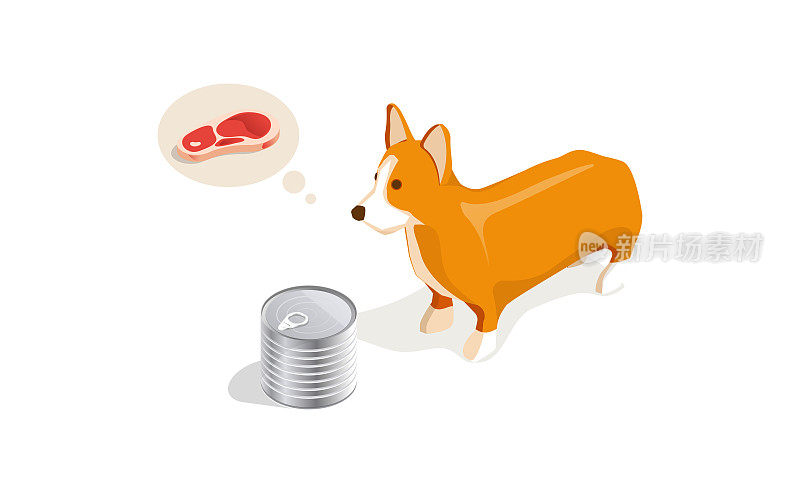 矢量插图的卡通狗找到一个罐头,想要吃骨头和肉。等距视图