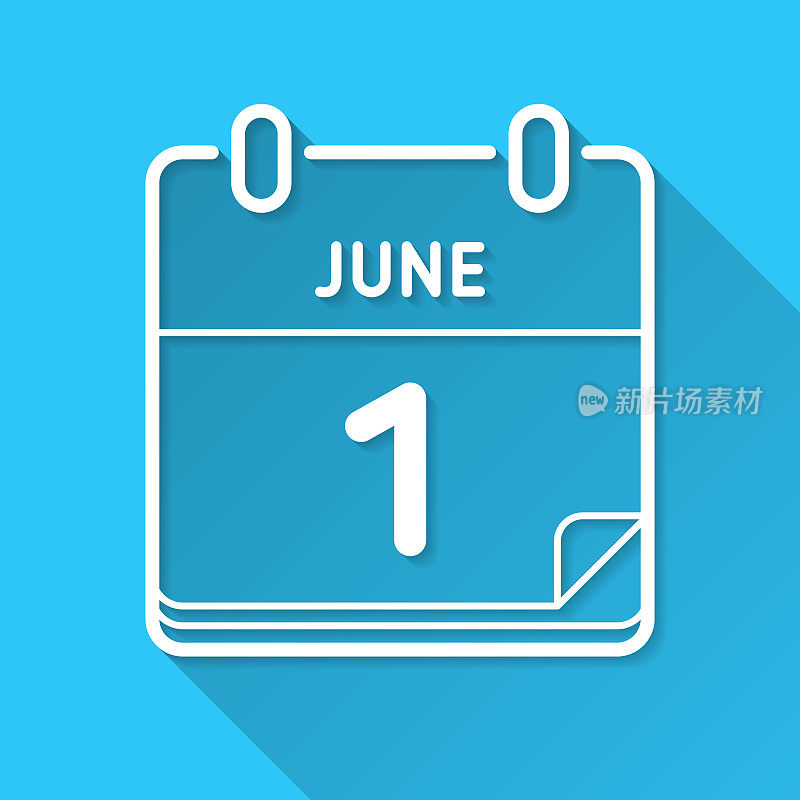 6月1日。图标在蓝色背景-平面设计与长阴影