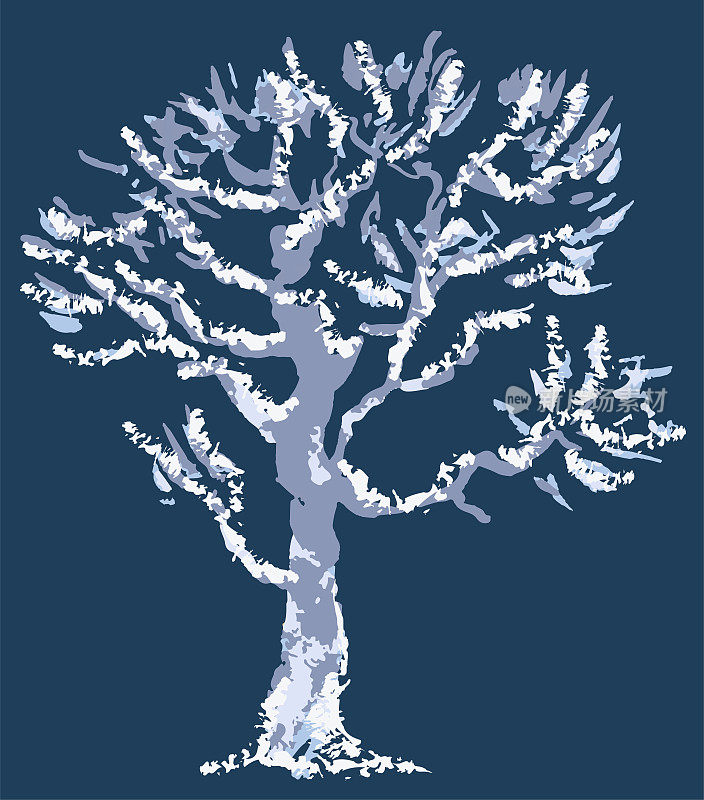 矢量纹理笔刷绘制剪影抽象冻结树在冬天